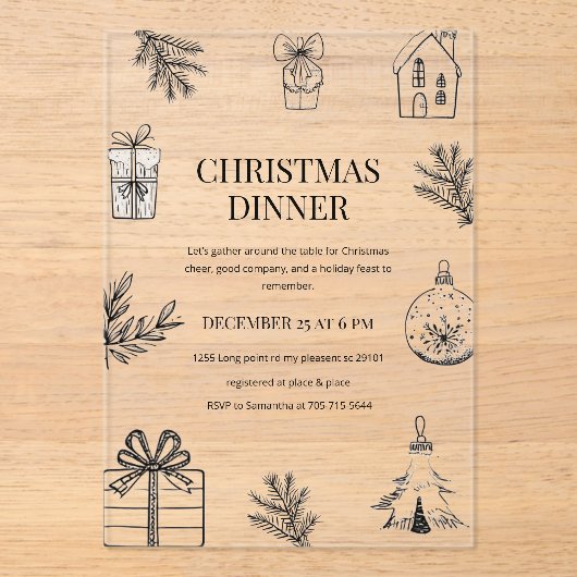 Modern Monochrome Christmas Dinner Acryl Uitnodigingen (Voorkant)