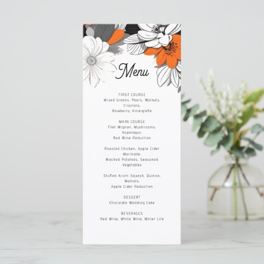 Modern monochroom bloemenbruiloft menu (Staand voorkant)
