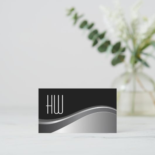 Modern Monogram | Achtergrond Metallic Wave Black Visitekaartje (Staand voorkant)