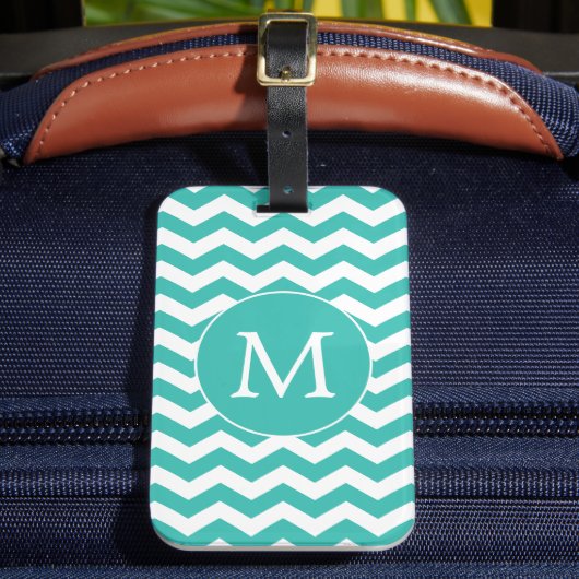 Modern Monogram Aqua Chevron Stripes Patroon Bagagelabel (Voorkant Insitu 2)