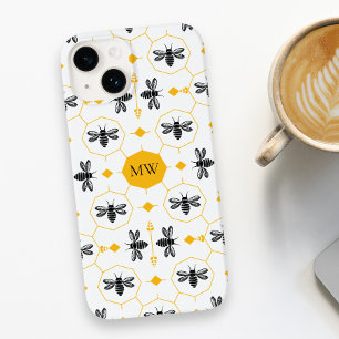 Modern Monogram Bijenpatroon Geel Honingraat Chic Case-Mate iPhone 14 Hoesje