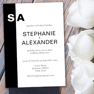 Modern Monogram Black White Wedding Invite Kaart