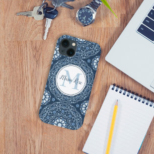 Modern Monogram Blauw Eenvoudig Mandala Aangepast iPhone 13 Hoesje