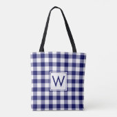 Modern Monogram Blauw en Wit Gingham Patroon Draagtas (Achterkant)