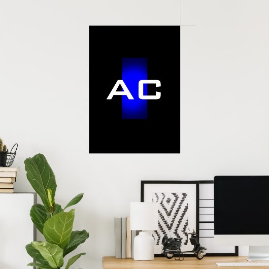 Modern Monogram Blauw Zwarte Plain Poster (Thuiskantoor)