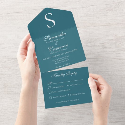 Modern monogram Blauwgroen blauw diner All In One Uitnodiging (Afscheurbaar)