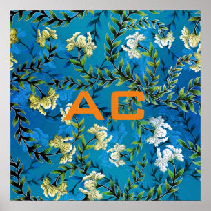 Modern Monogram Blue Floral Chic Poster