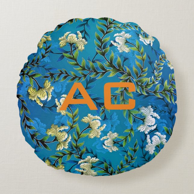 Modern Monogram Blue Floral Chic Rond Kussen (Voorkant)