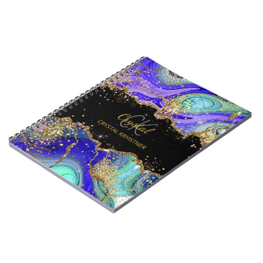 Modern Monogram Blue Green Agate Glitter Notitiebo Notitieboek (Linkerzijde)