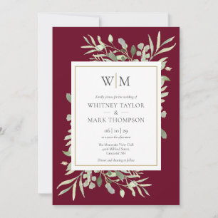 Modern Monogram Burgundy Greenery Wedding Kaart