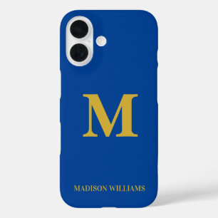Modern Monogram Chic Blauw Goud Stijlvol Minimalis iPhone 16 Hoesje