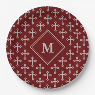 Modern Monogram Cross Burgundy Silver Papieren Bordje
