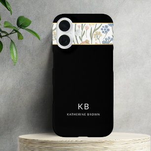 Modern Monogram Cute Zwart Bloemmotief  iPhone 16 Hoesje