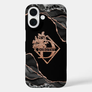 Modern Monogram D Zwart Agaat Marmer Roos Goud iPhone 16 Hoesje