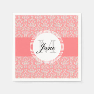 Modern Monogram Damask Napkin Coral Servetten