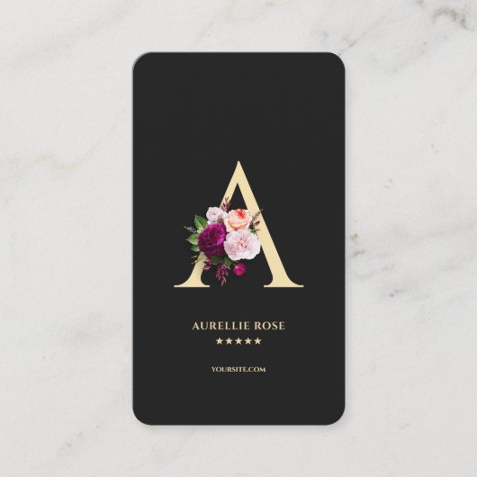 Modern Monogram Een Elegante Bloemen Zwart Visitekaartje (Voorkant)