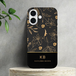 Modern Monogram Elegant Black Gold Floral Pattern  iPhone 16 Hoesje