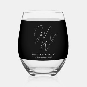Modern Monogram Elegant Script Zwart Wit Bruiloft Wijnglas Zonder Voet