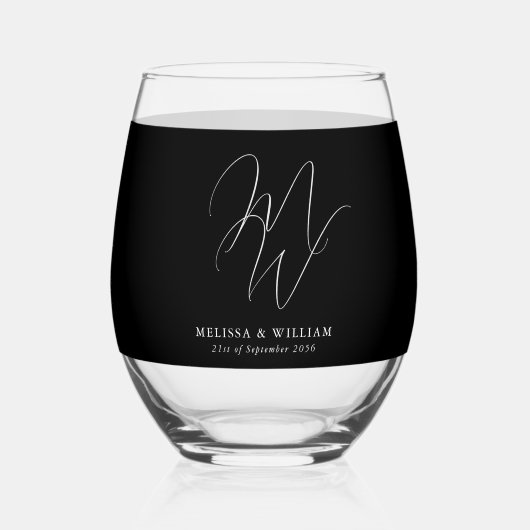 Modern Monogram Elegant Script Zwart Wit Bruiloft Wijnglas Zonder Voet (Voorkant)