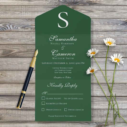 Modern Monogram Emerald Green All In One Uitnodiging