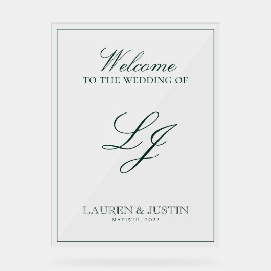 Modern Monogram Emerald Green Script Welkom Acryl Bord (Voorkant)