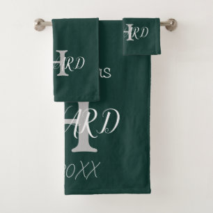 Modern Monogram Emerald Green White Wedding Bad Handdoek