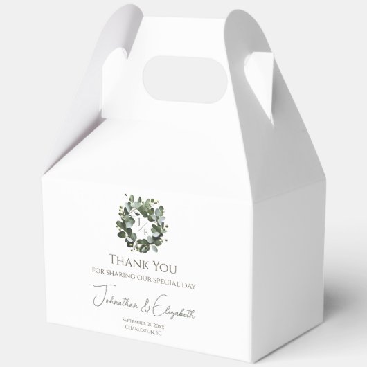 Modern Monogram Eucalyptus Krans Trouwen | Wit Bedankdoosjes (Achterkant)