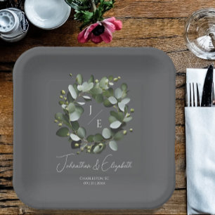 Modern Monogram Eucalyptus Krans Trouwgrijs Papieren Bordje