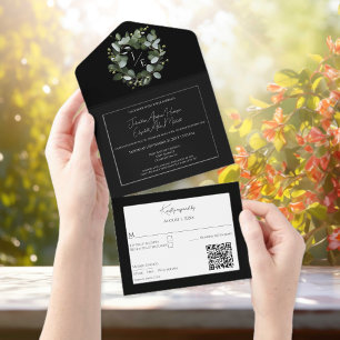 Modern Monogram Eucalyptus Krans Zwart All In One Uitnodiging