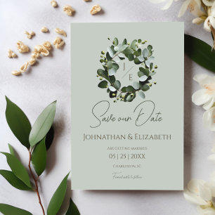 Modern monogram eucalyptuskrans   Sage Green Save The Date