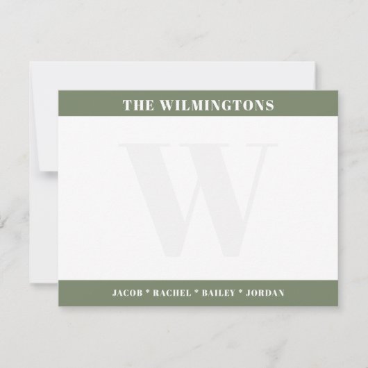 Modern Monogram Family Names Sage Green Stationery Notitiekaartje (Voorkant)