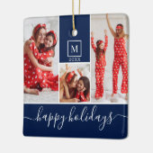 Modern Monogram Foto Collage Happy Holiday Navy Keramisch Ornament (Links)