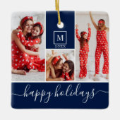 Modern Monogram Foto Collage Happy Holiday Navy Keramisch Ornament (Voorkant)