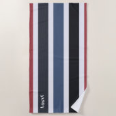 Modern Monogram Gestreept Zwart Wit Blauw Rood Strandlaken (Voorkant)