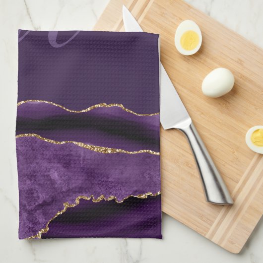 modern monogram goud en paars agate theedoek (Quarter Fold)