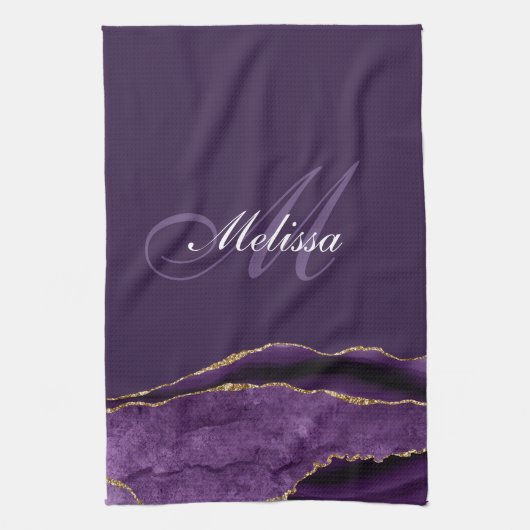 modern monogram goud en paars agate theedoek (Verticaal)