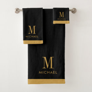 Modern Monogram Goud op Zwart Bad Handdoek