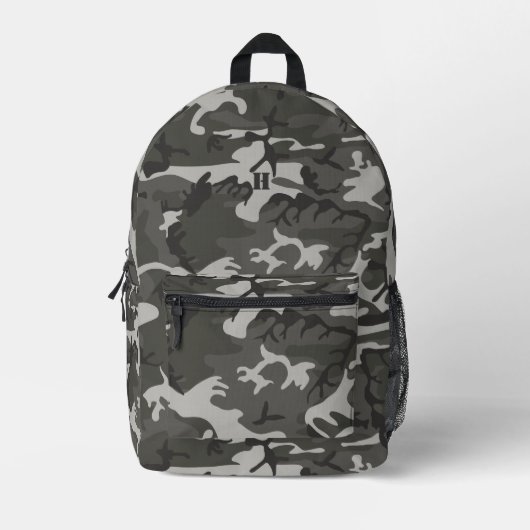 Modern Monogram Grijs Camouflage Camo Patroon Bedrukte Rugzak (Voorkant)