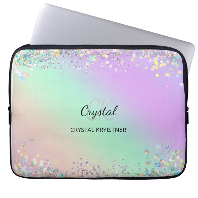 Modern Monogram Holografisch Pastelglitter Laptop Sleeve (Voorkant)