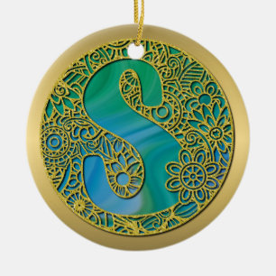 Modern Monogram Initiaal Gouden Letter en Turquois Keramisch Ornament