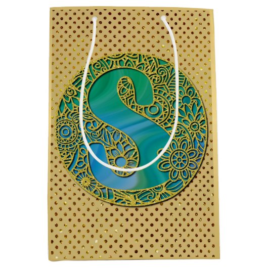 Modern Monogram Initiaal Gouden Letter en Turquois Medium Cadeauzakje (Voorkant)