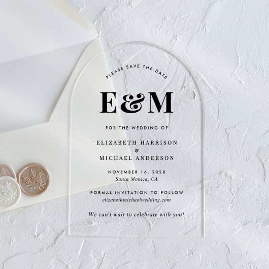Modern Monogram Initialen Arch Bewaar de datum Acryl Uitnodigingen
