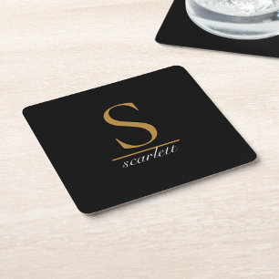 Modern Monogram Klassiek Zwart Goud Script Naam Vierkante Kartonnen Onderzetter