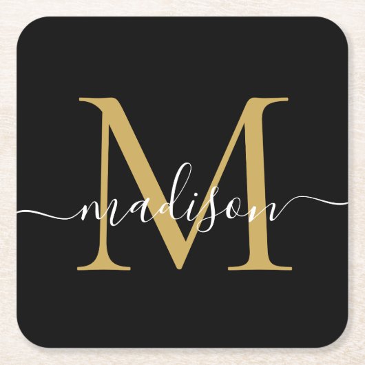 Modern Monogram Klassiek Zwart Goud Script Naam Vierkante Kartonnen Onderzetter (Voorkant)