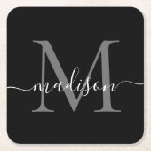 Modern Monogram Klassiek Zwart Grijs Script Naam Vierkante Kartonnen Onderzetter (Voorkant)