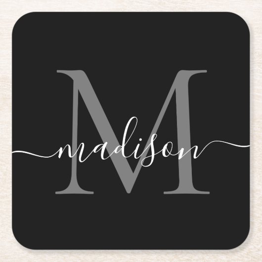 Modern Monogram Klassiek Zwart Grijs Script Naam Vierkante Kartonnen Onderzetter (Voorkant)