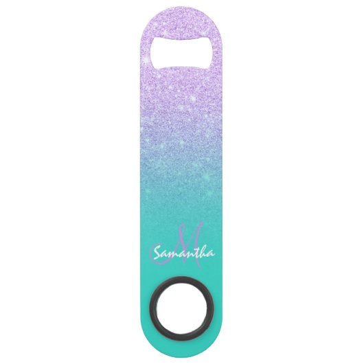 Modern monogram lavendel glitter ombre turquoise speed flessenopener (Voorkant)