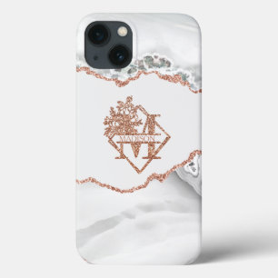 Modern Monogram M White Agate Marble Roos Gold iPhone 13 Hoesje