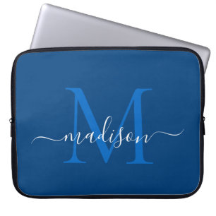 Modern Monogram Marine Blauw Elegant Chic Script N Laptop Sleeve