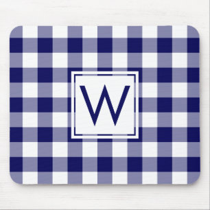 Modern Monogram Marine Blauw & Wit Gingham Patroon Muismat